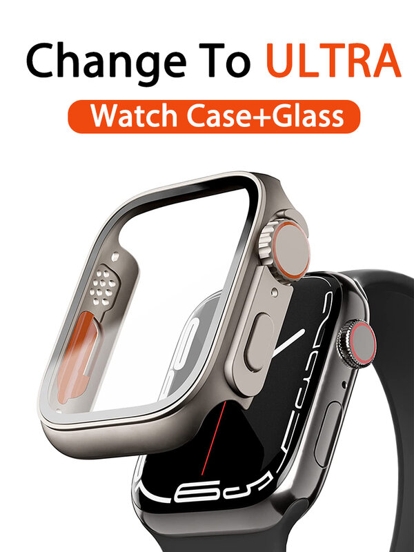 Coque en verre pour Apple Watch, coque optimiste pour PC, mise à niveau ultra, iWatch Series 9, 8, 7, SE, SE2, 6, 5, 4, apparence en verre, 45mm, 41mm, 44mm, 40mm, 42mm, 38mm