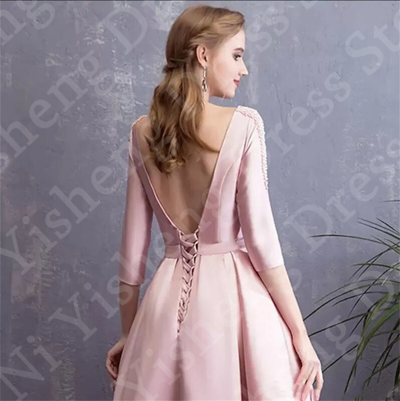 Luxury Evening Dress Pearls Beads O-Neck 3/4 Sleeves Pockets A-Line Bow Belt Lace-Up Backless Formal dress Bride Reception Dress