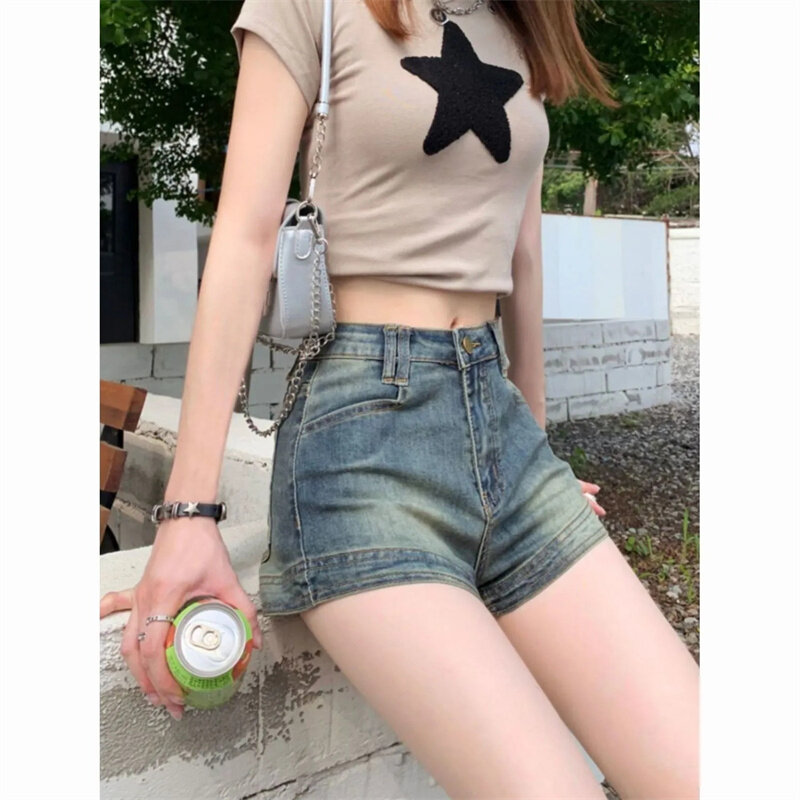 Celana pendek denim wanita, celana pendek pinggul paket A-line tipis kecil pinggang tinggi versi Korea Musim Panas 2024