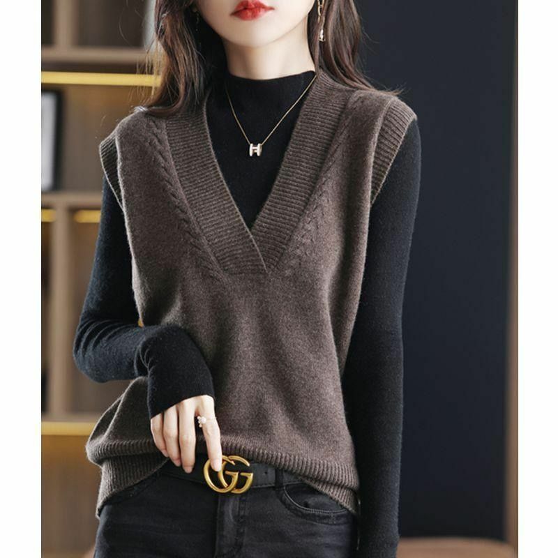 Suéter sin mangas de punto para mujer, ropa informal, suelta, coreana, elegante, sólido, Otoño e Invierno