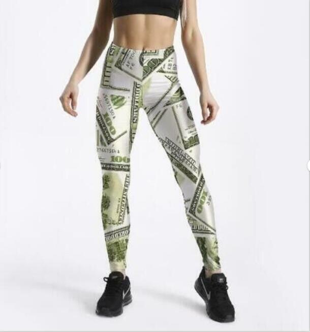 Mallas con cintura elástica para mujer, leggings informales con estampado de dinero, Fitness, talla L