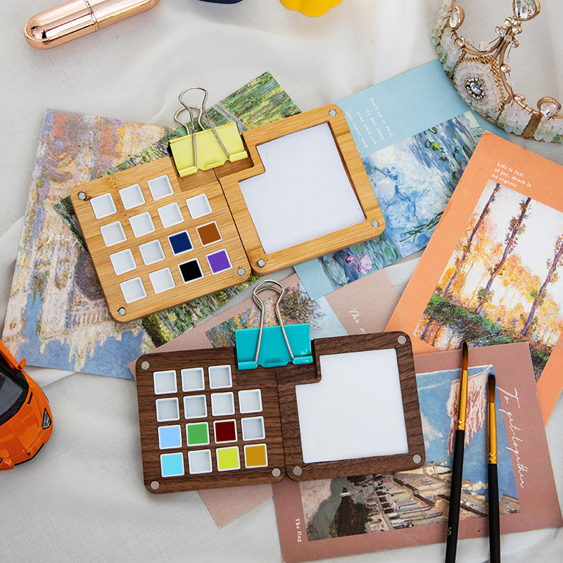 Empty Wooden Watercolor Palette Ins Style Travel Portable Mini Watercolor Acrylic Paint Box Square Tray Box Art Painting Supplie