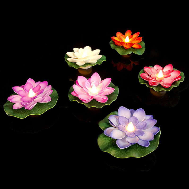 Luz de noche de loto flotante artificial, lámpara de flor de loto de 10cm, luces impermeables, decoración de Navidad para jardín, piscina, estanque, fuente