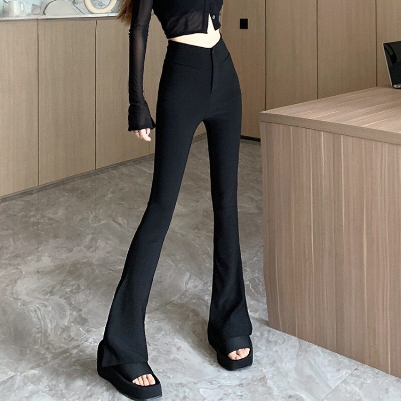 Celana Flare pas badan untuk Wanita Mode Korea, celana panjang hitam musim semi sederhana gadis seksi harian Chic cocok semua