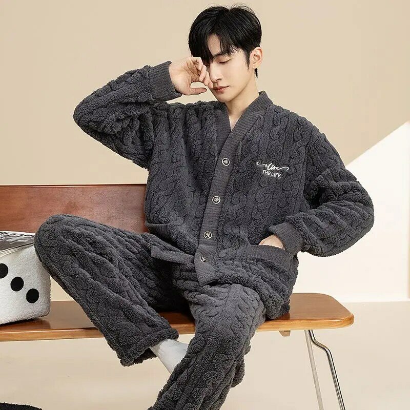Мужские пижамные комплекты v-образная Пижама, теплые осенне-зимние Утепленные длинные брюки с длинным рукавом, фланелевые бриджи с карманами на пуговицах, корейский стиль