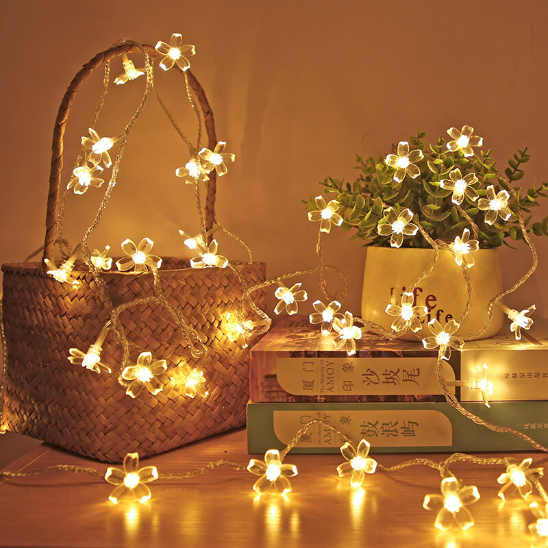 Guirnalda de flores de cerezo, lámpara con batería, luces LED de hadas, funciona con USB, flores de cristal, decoraciones para interiores, bodas y Navidad