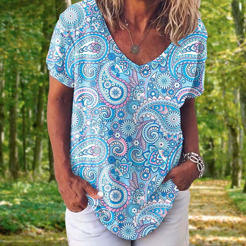 Moda damska koszulka 3d bluzki z nadrukiem w kwiaty koszulki V Neck z krótkim rękawem ubrania damskie lato duży rozmiar T Shirt odzież damska