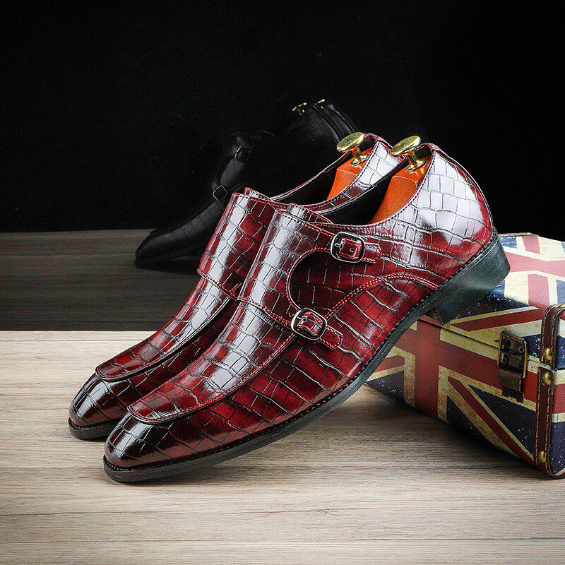 Sepatu pantofel bisnis pria, Kasut datar pola buaya ujung lancip Oxford untuk pesta pernikahan