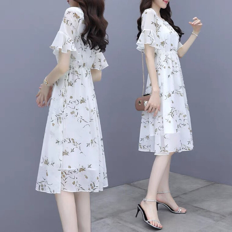 Women Sweet O-Neck Chiffon Dress 2022 Print Floral Short Sleeve Elegant Dress Chic Slim Waist Temperament Ruffles Midi Dress