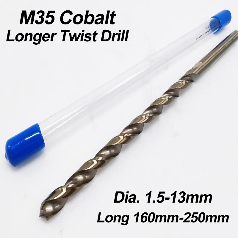 Brocas de torção longas para liga de aço inoxidável, OAL HSS-CO, 5% cobalto, M35, 1.5mm-13mm x 160mm-250mm, 1Pc