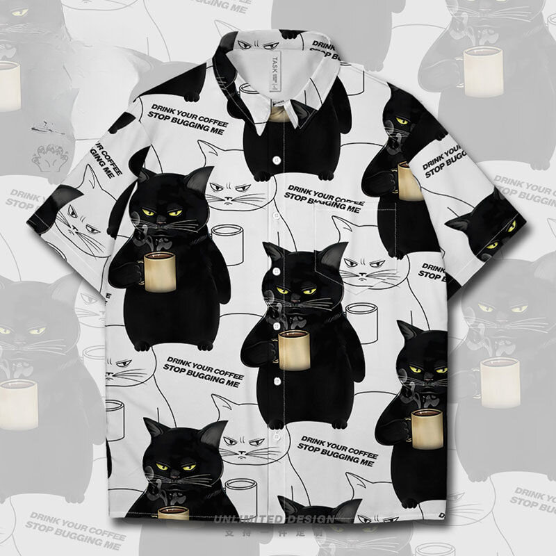 Camisa de manga curta masculina e feminina, top casual solto, gato preto e café, tendência de verão Y2K, nicho interessante, tamanho grande, novo
