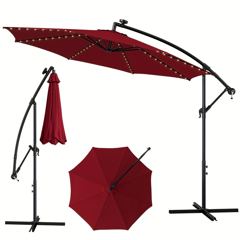 Parapluie à décalage en porte-à-faux avec éclairage solaire, manivelle d'inclinaison, extérieur, rouge, 112 LED, 10 pieds. c