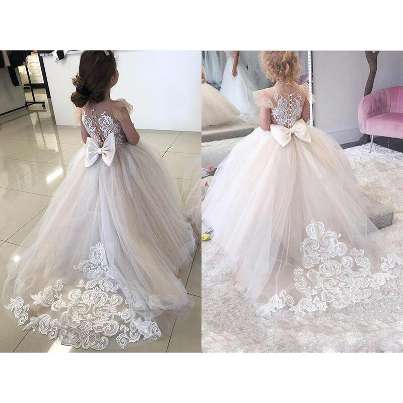 2024 nuovi abiti da festa di nozze Flower Girl Dress Ball Gown Kids Pageant Big Bow maniche lunghe Champagne Child Bride Dresses