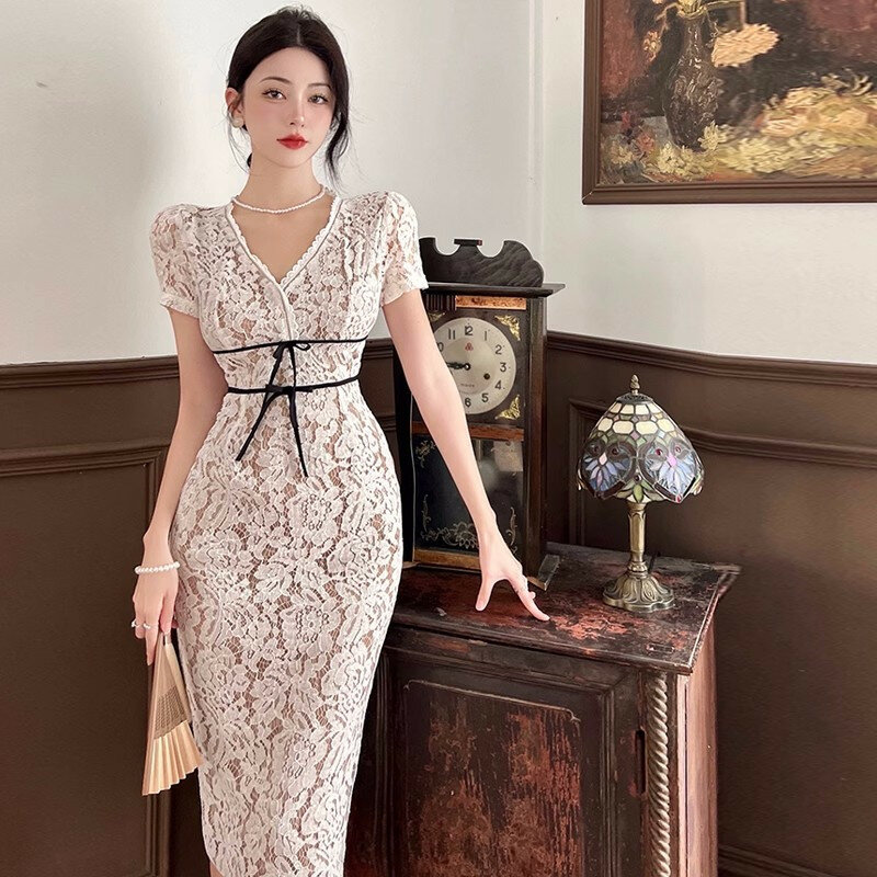 2023 Summer Short Sleeve Tie Bow Long Bodycon Dress Women Sexy V Neck Hollow Out Lace Dress Female Slim Elegant Party Vestidos