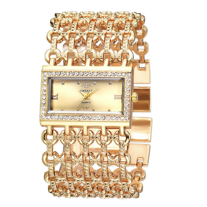 UTHAI W29 jam tangan wanita Quartz, arloji baru untuk wanita modis mewah ringan berlian persegi gelang baja tahan karat emas