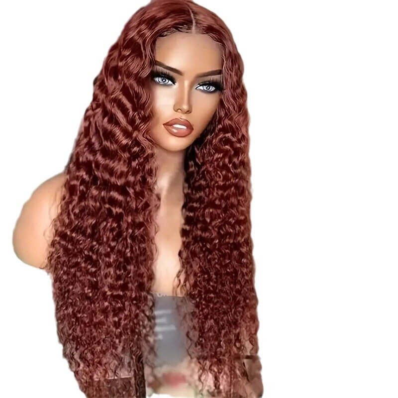 Wig renda coklat tua keriting panjang Set Wig keriting kecil Afrika renda depan wanita dengan hiasan rambut manusia