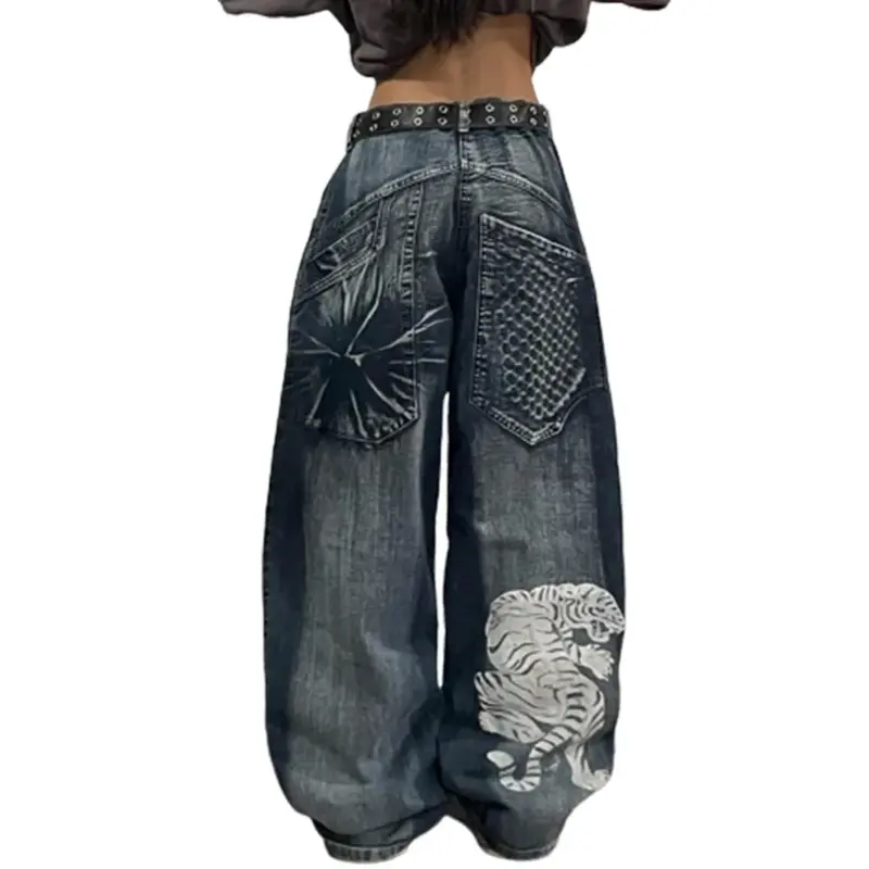 Джинсы женские в стиле ретро с графическим принтом, штаны в стиле 90-х, уличная одежда, модные готические брюки-багги в стиле Харадзюку с завышенной талией и широкими штанинами, Y2K