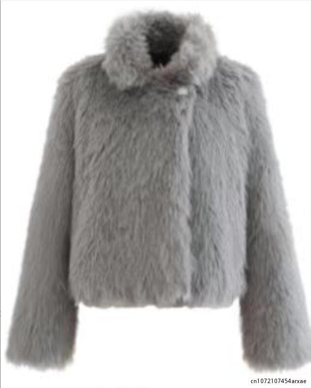 Abrigo de piel sintética para mujer, chaqueta peluda gruesa y cálida con cuello levantado, prendas de vestir de invierno
