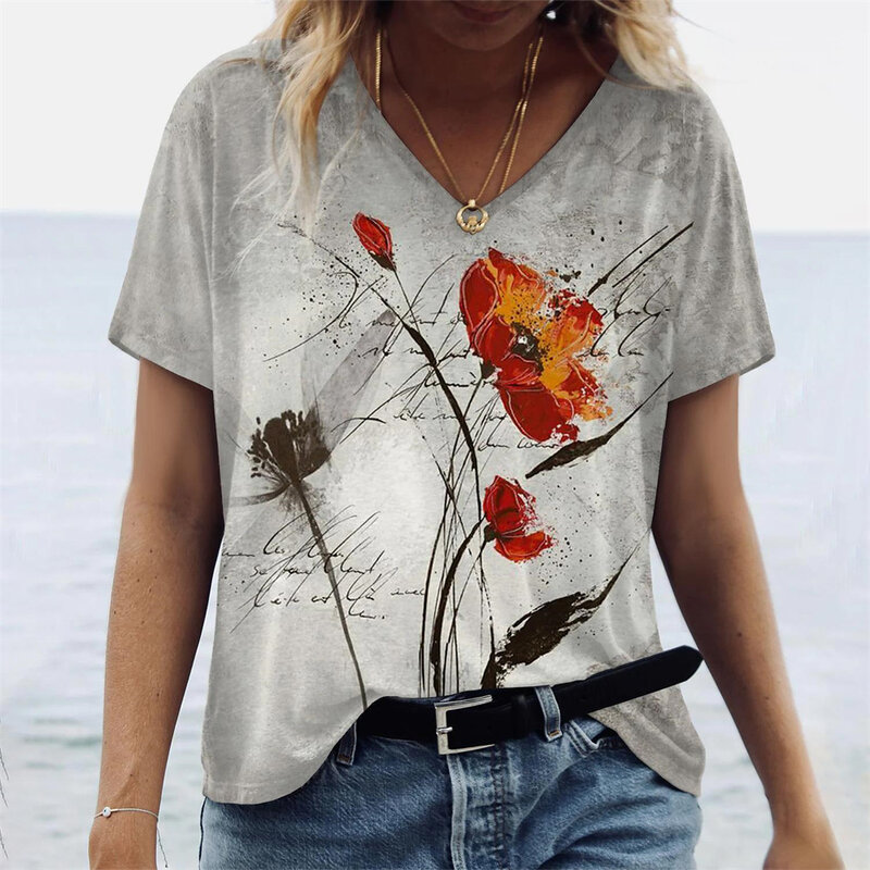 T-shirty damskie lato gradientowe grafiki topy V Neck moda kobiece ubrania Vintage Floral Print koszulki luźne ponadgabarytowe koszulki