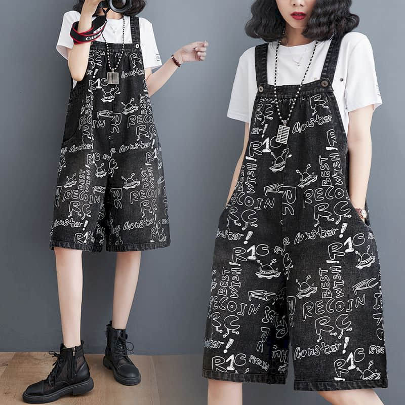 Denim Jumpsuits Women Vintage Korean Style One Piece Outfit Casual Cropped Rompers Printed Wide Leg Jeans Summer Women Clothing