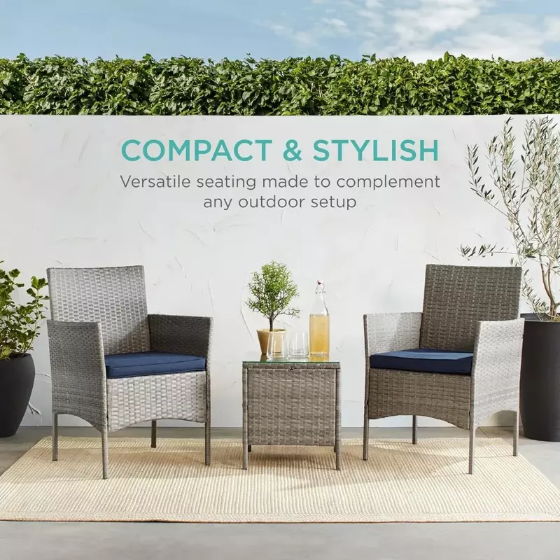 Camping 2 Cushions Camp Table 3-Piece Outdoor Wicker Conversation Bistro Set Garden W/ 2 Chairs Side Storage Table - Gray/Navy