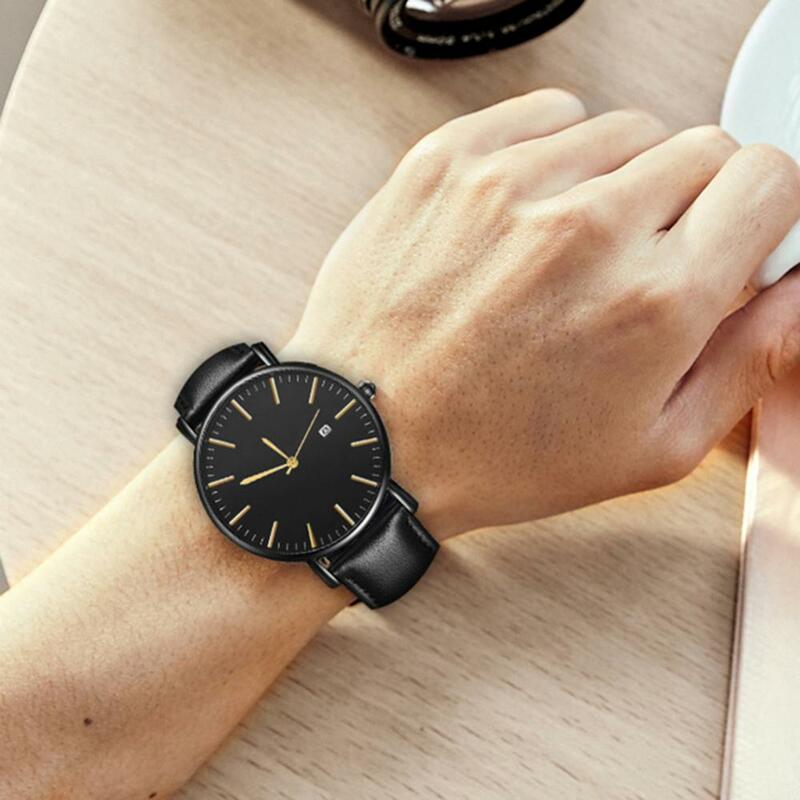 Jam tangan bisnis pria, kalender bundar panggil minimalis tali kulit imitasi Quartz