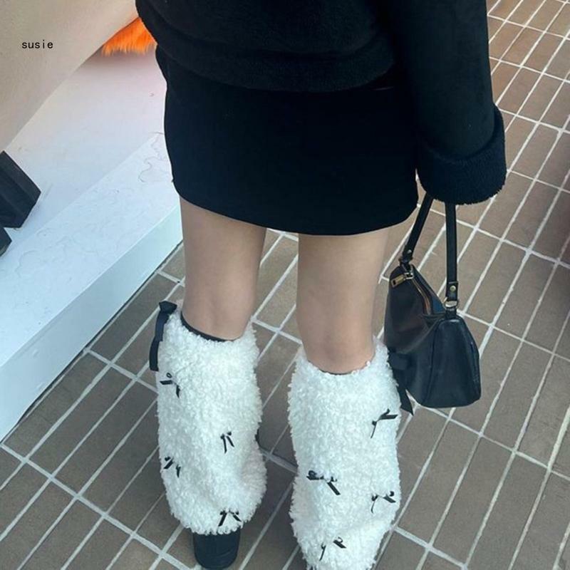 X7YA Kostum Pesta Berbulu Wanita Seksi Y2K Bulu Palsu Fuzzy Sepatu Bot Panjang Manset Penutup Penghangat Lengan Sepatu Bot