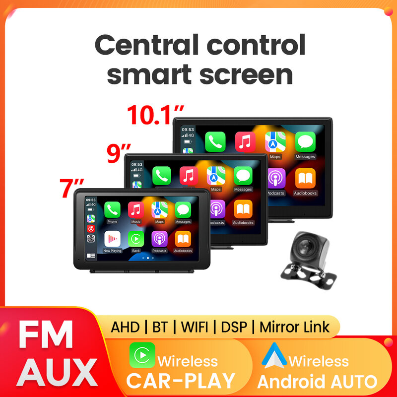 Universal Car Play Android Auto, Controle Central Smart Screen, FM, AUX, 7 ", 9", 10.1 ", Suporte Sem Fio, DSP, BT, WiFi, AHD, Mirror Link