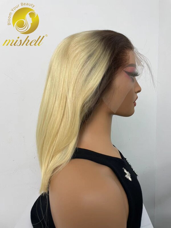 Peluca de cabello humano liso con encaje Frontal transparente, pelo corto Bob de 4 a 613 colores, densidad de 250%, 13x4, Remy brasileño