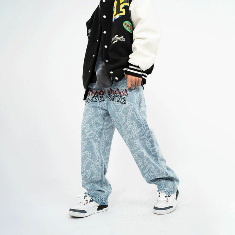 Workowate spodnie dżinsy hip-hopowe mężczyźni Trend list Denim wydrukowano mężczyzna spodnie typu Casual Streetwear męskie spodnie ogień luźny, typu Oversize