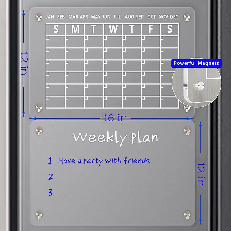 2 Pcs Reusable Monthly And Weekly Calendar Planner Board For Refrigerator (16Inx12in)