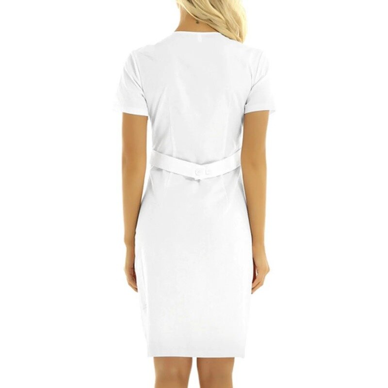 Vestido de uniforme de enfermera para mujer, ropa informal de manga corta con cuello en V, liso, con bolsillo, recto Natural hasta la rodilla