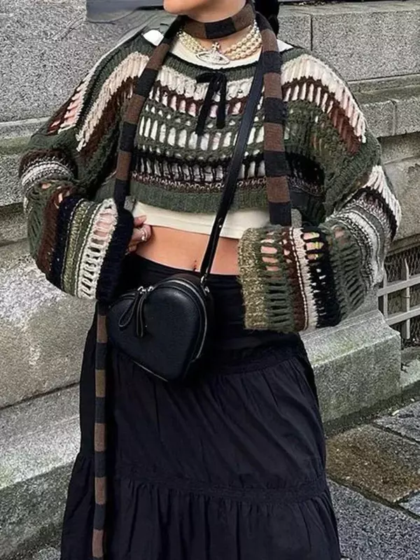 E-girl pullover rajut bergaris Gotik 2000-an sweter akademi gelap Retro Y2K baju jumper musim gugur Harajuku Vintage