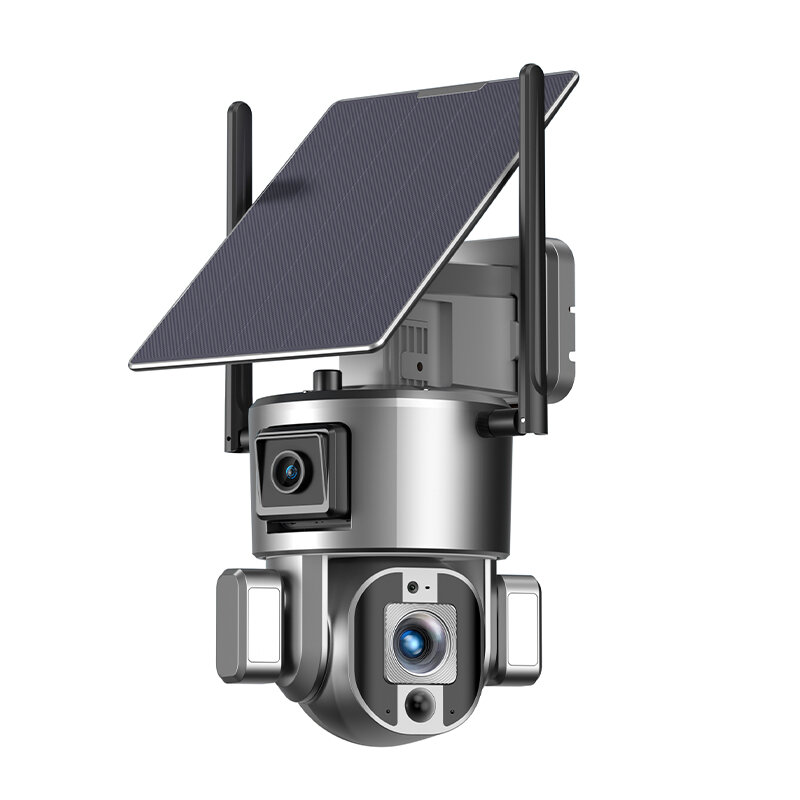 4K/8MP солнечные камеры безопасности, двойной объектив 360 ° PTZ Солнечная камера наружные беспроводные камеры для домашней безопасности с 2,4G, 4G опционально