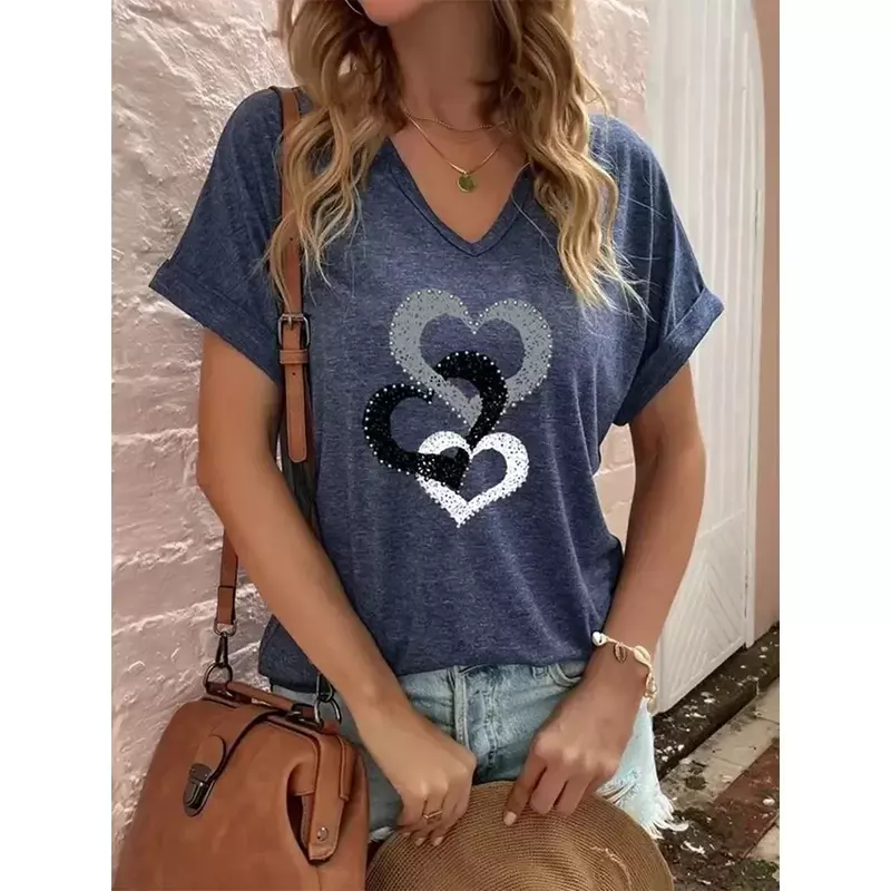 Modna damska T-Shirt koszulka w kształcie serca 3d koszulka dziewczęca Oversized odzież z okrągłym dekoltem 2023 letnia odzież damska