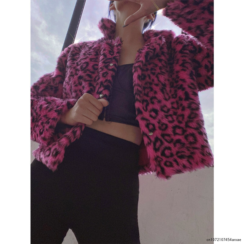 Abrigo de piel sintética de lujo para Mujer, chaqueta con estampado de leopardo, cuello vuelto, prendas de vestir exteriores delgadas, Ropa femenina, Invierno, nuevo