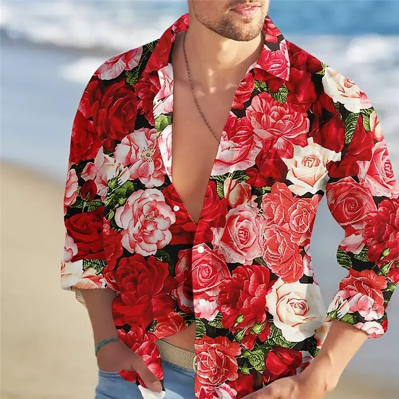 2023 men's shirt fashion trend rose flower color pattern HD graphics casual outdoor street men's clothing new spring and summer