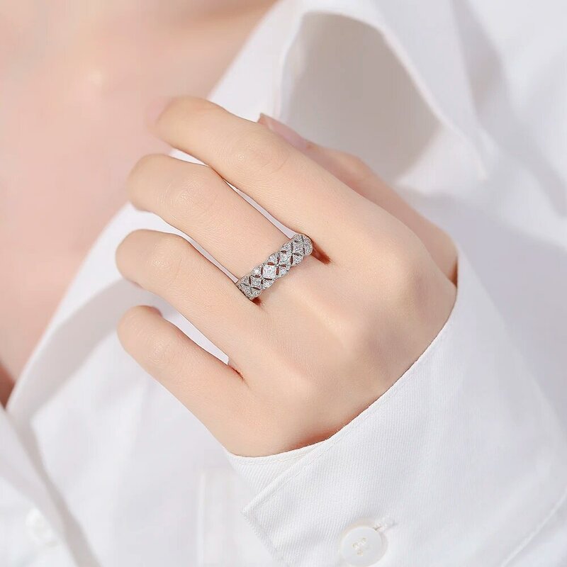 Anel largo de pedra preciosa transparente para mulheres, 925 anéis de prata esterlina, estilo simples, joias manuais