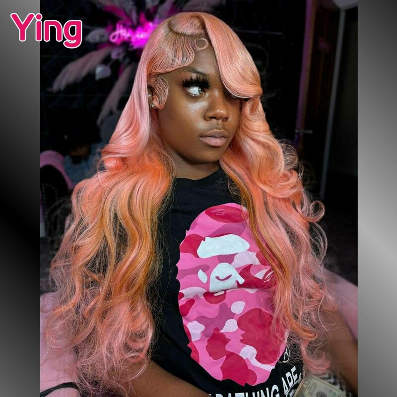 Ying Orange Pink Colored 200% Body Wave 13x4 Lace Frontal Wig PrePlucked With Baby Hair 13x6 Transparent Lace Front Wig 34 Inch