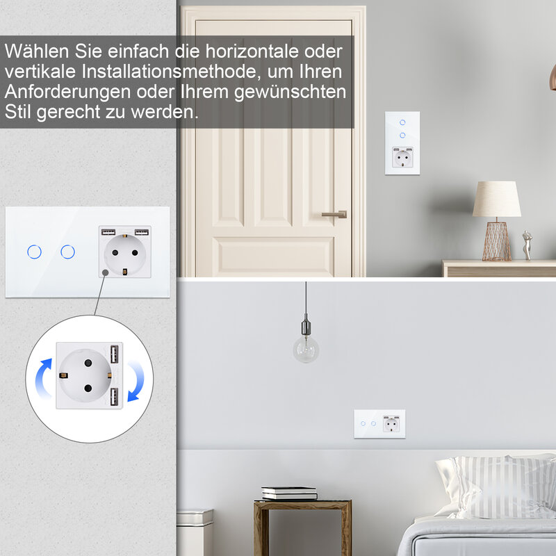 DAJIMEI Wall Light Switch 1/2/3Gang 2/3Way Touch Switch with Double USB Charging EU Power Sockets Interrupter Switches for Home
