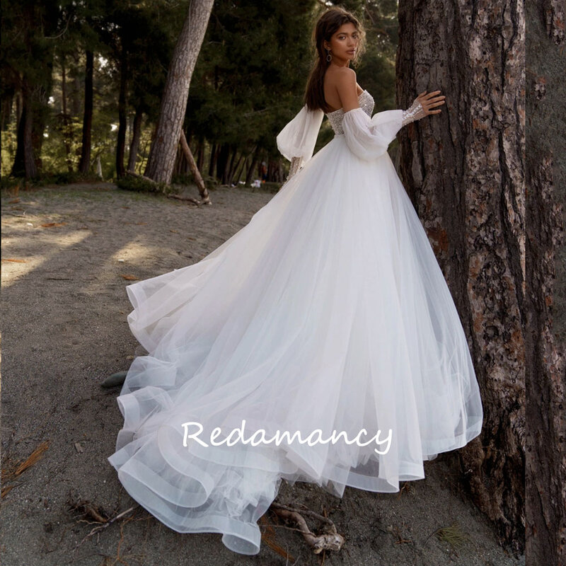 Reamancy-スパンコールのウェディングドレス,台形のストラップレス,取り外し可能な長袖,チュール,ウェディングドレス,2024