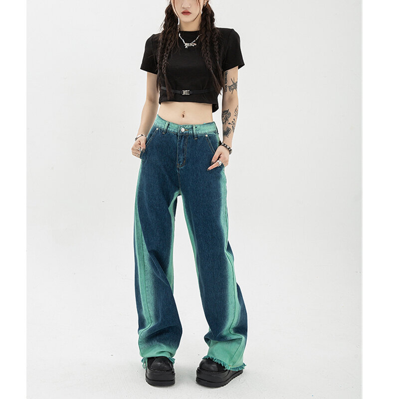 Damskie jeansy wysokiej talii Vintage proste workowate spodnie szykowny Design Streetwear Gradient Hip Hop Y2K Denim szerokie z szeroką nogawką