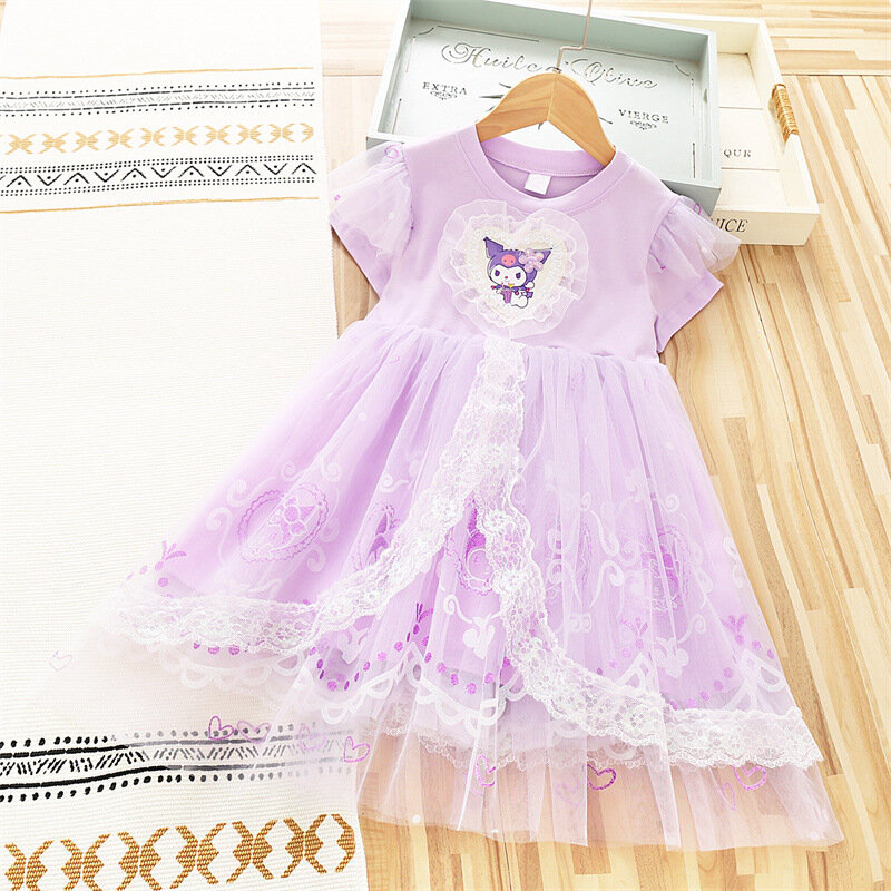 Sanrio Kuromi Prinzessin Kleid für Mädchen 2024 Sommer Kinder Cartoon kurz ärmel ige Mesh Party Kostüm Mode Kinder kleidung