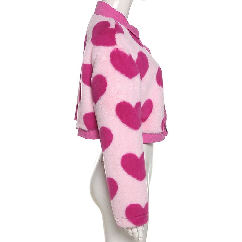 Casaco de pelúcia de peito único feminino, top manga comprida, lapela, cor de contraste, encaixe solto, casual, quente, doce, outono, inverno