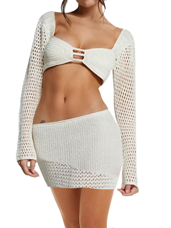 Women Crochet Knitted Two Piece Outfits Long Sleeve Cutout Summer Tank Tops Mini Skirt Beach Cover Up Set