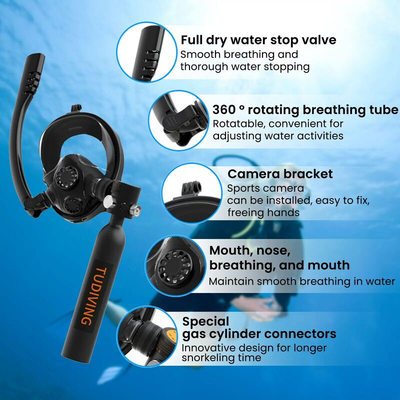 TUDIVING-0.5 L Scuba Diving Tank Set,Mini Cilindro De Oxigênio com Máscara Rosto Snorkel, Kit De Viagem Portátil