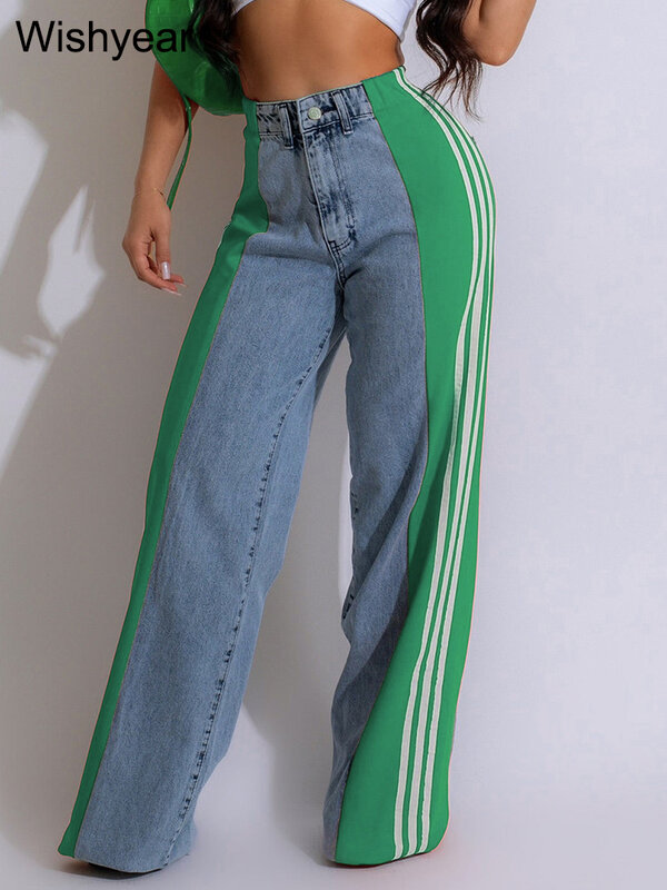 Calças jeans largas femininas de cintura alta, streetwear vintage, splicing listrado, calças jeans de perna larga e reta, calças de namorado, y2k