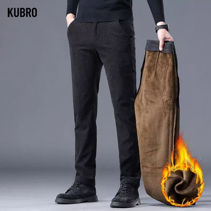 KUBRO Winter High Quality Smart Trousers Thickened Fleece Business Casual Pants Cotton Soft Warm Slim Small Straight Pant Male