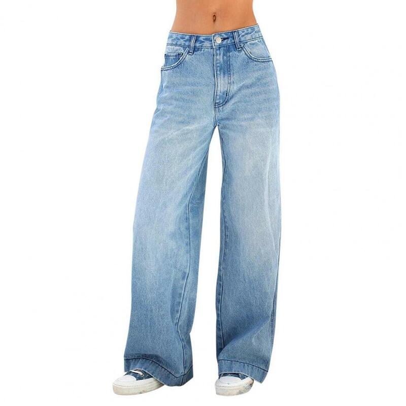 Jeans harian wanita, celana Denim Retro pinggang tinggi warna gradien dengan kantong kaki lebar untuk tampilan modis