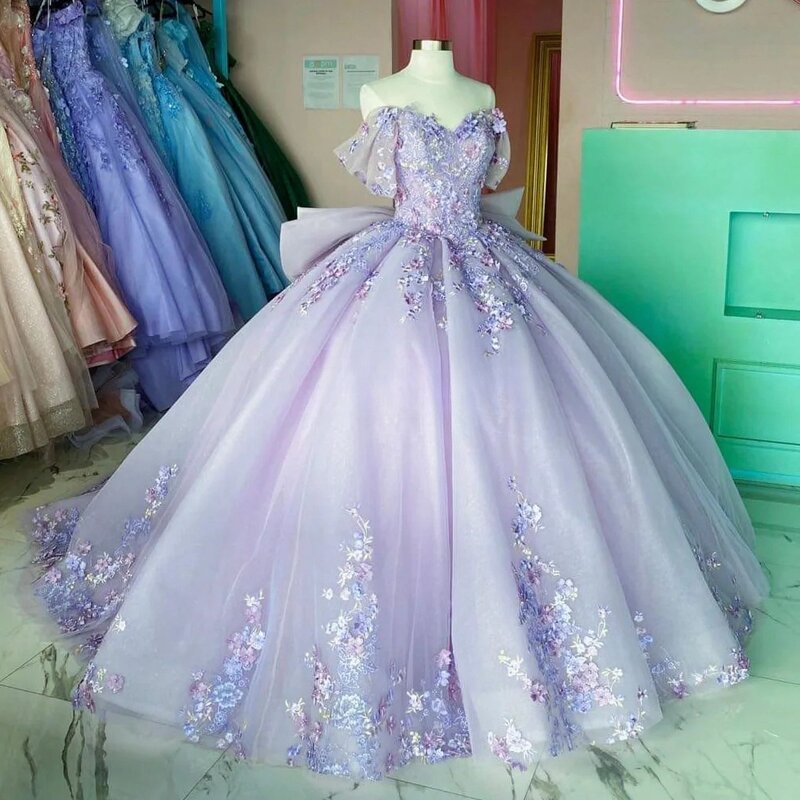 Liliowa księżniczka Quinceanera ubiera suknię balową z ramion aplikacje słodkie 16 sukienek 15 Años meksykańskie